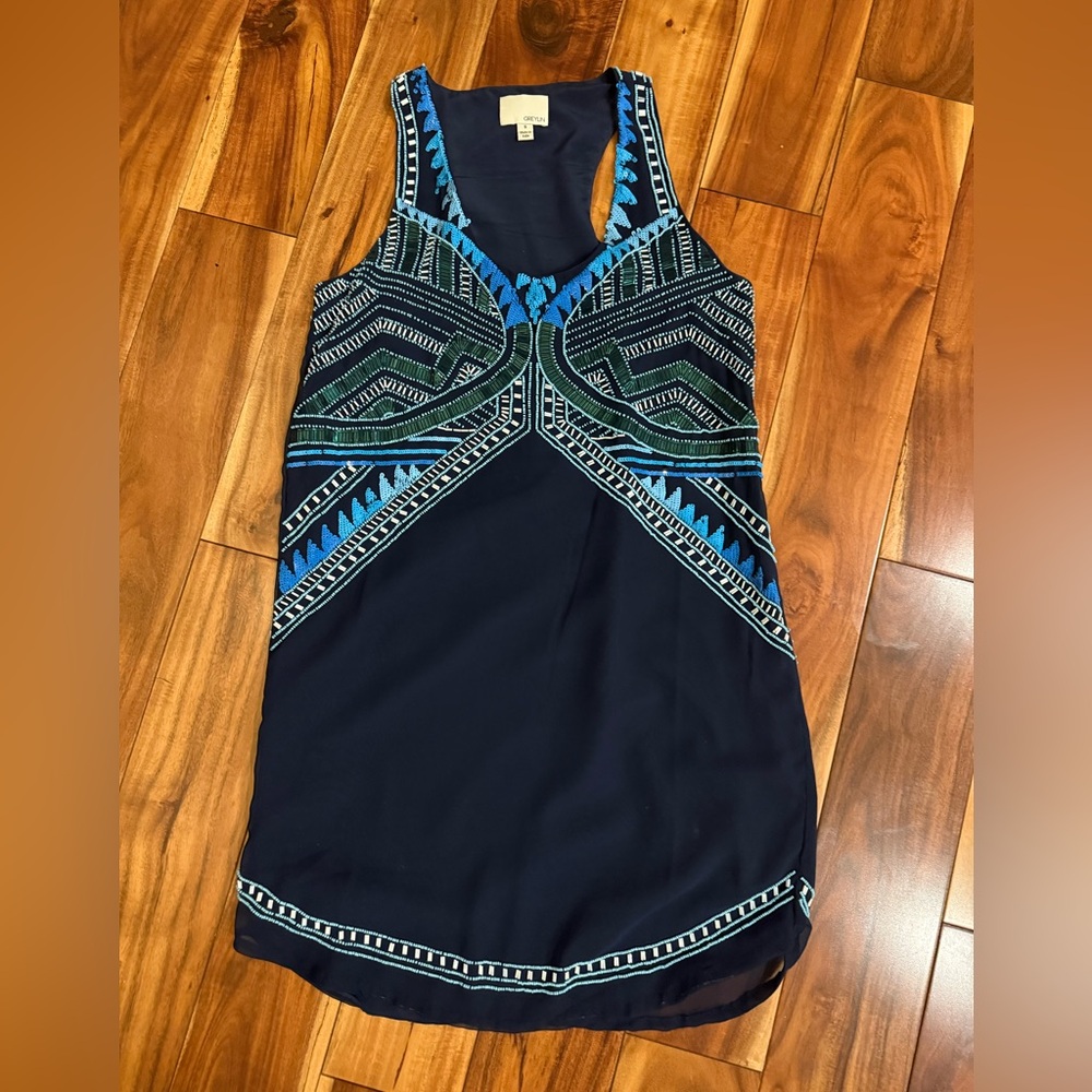 Greylin Navy Blue Beaded Racerback Dress